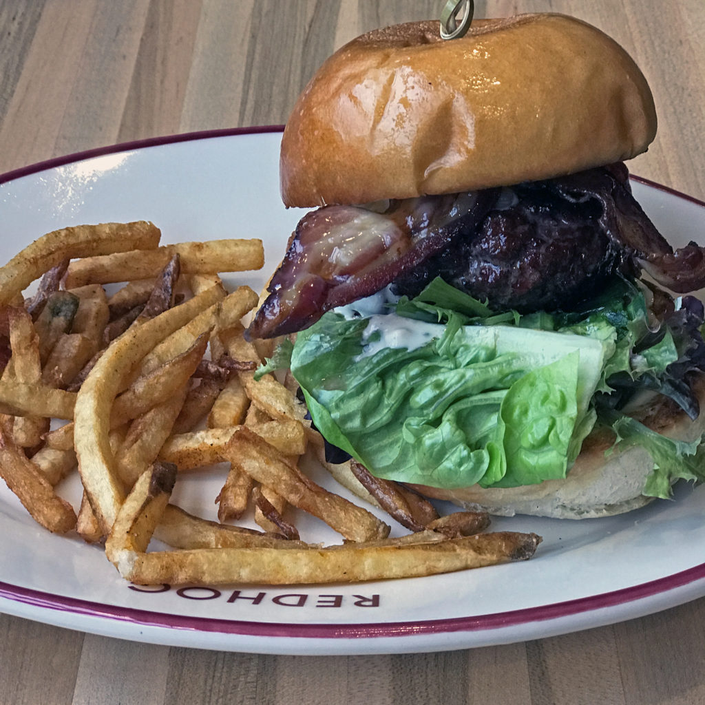 “Really F’ing Good” bacon-blue cheese smoked burger at Red Hog.