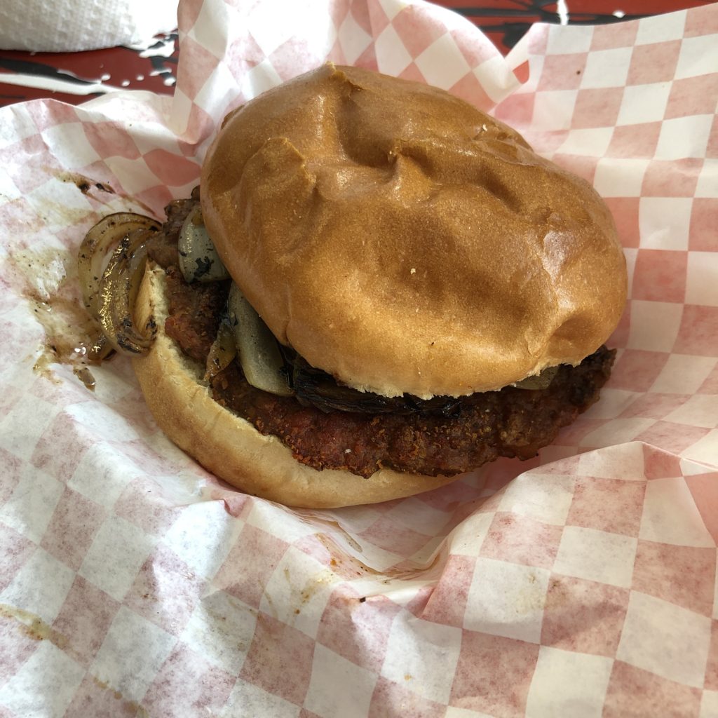 Six Forks offers the plant-based Beyond Burger as an option. It was very good with grilled onions and Asian peanut sauce.