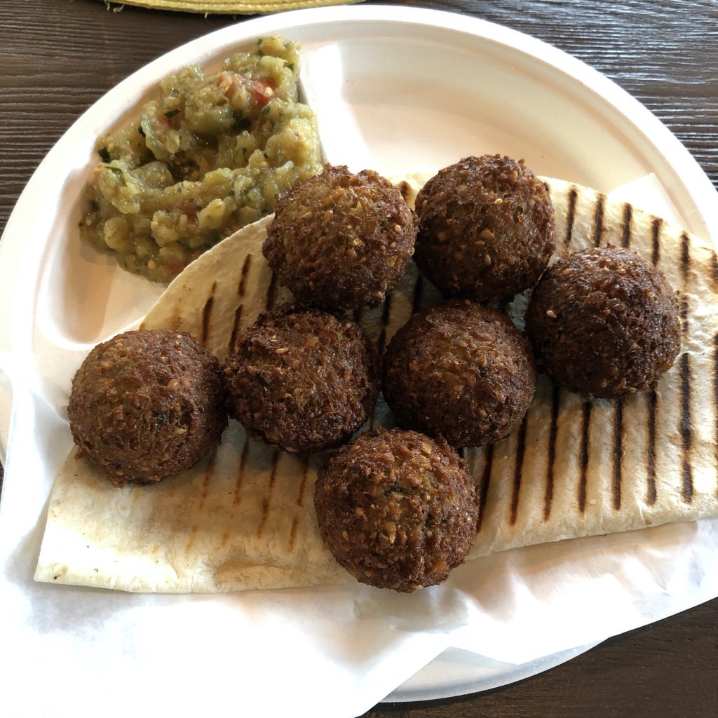The Charcoal Restaurant’s falafels are as good as I ever ate; with sides of baba ganoush and grilled tandoori bread.