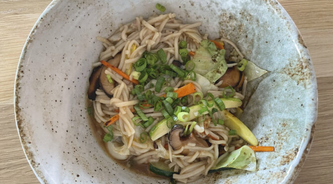 Mushroom yakisoba, a popular Japanese fried-noodle dish, featured tender house-made noodles. Tossed with tofu and a bounty of spring vegetables, it made a tempting main dish.